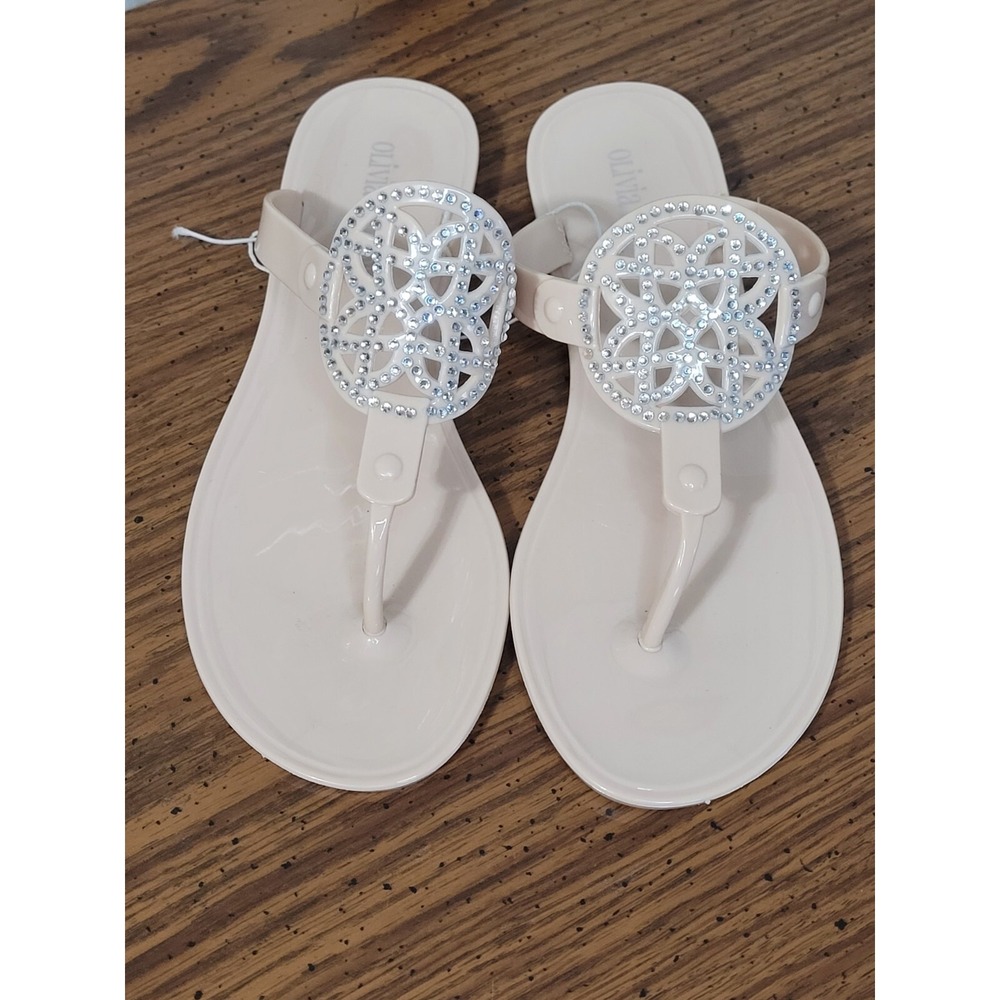 Olivia Miller Sandals Size 6 Beige Rhinestones Thong Jelly Flat Slip On NWT